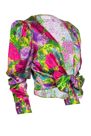 Current Boutique-Ronny Kobo - Yellow w/ Purple Floral Print Tie Front "Bianca" Blouse Sz M