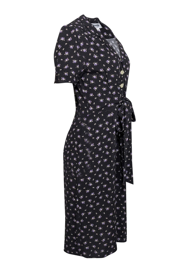 Current Boutique-Rouje - Black & Lavender Floral Button Front Midi Dress Sz 6