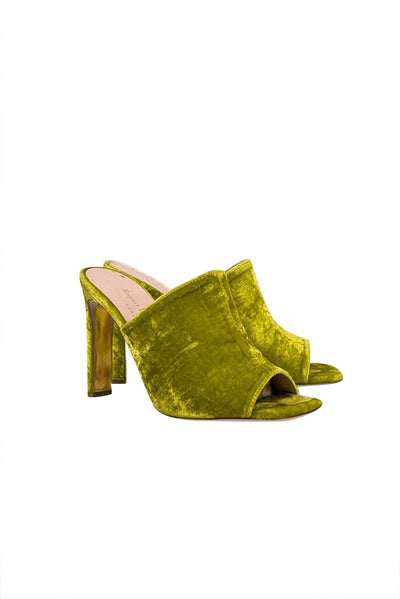 Current Boutique-Rupert Sanderson - Chartreuse Velvet Open Toe Mules Sz 7