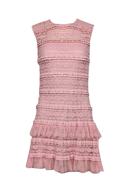 Current Boutique-SHO by Tadashi Shoji - Pink Sleeveless Ruffle Layered Lace Mini Dress Sz S