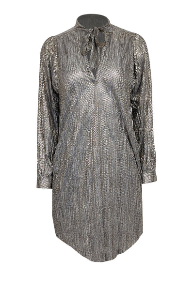 Current Boutique-Sabina Musayev - Grey & Gold Metallic Long Sleeve Neck Tie Dress Sz XSP