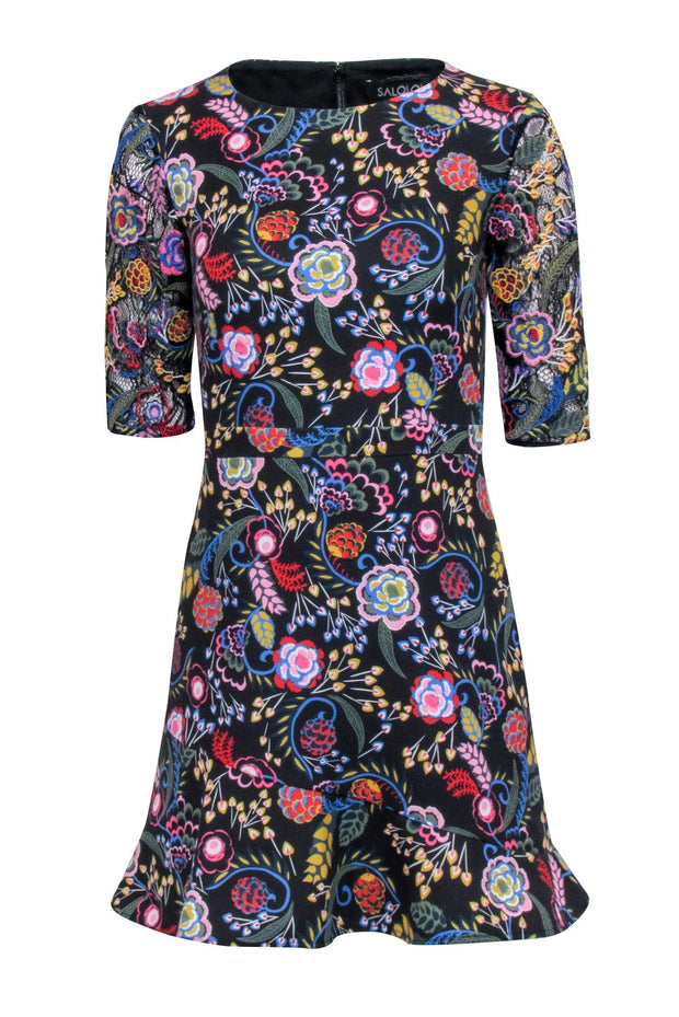 Current Boutique-Saloni - Black w/ Multi Color Floral Short Sleeve Mini Dress Sz 4