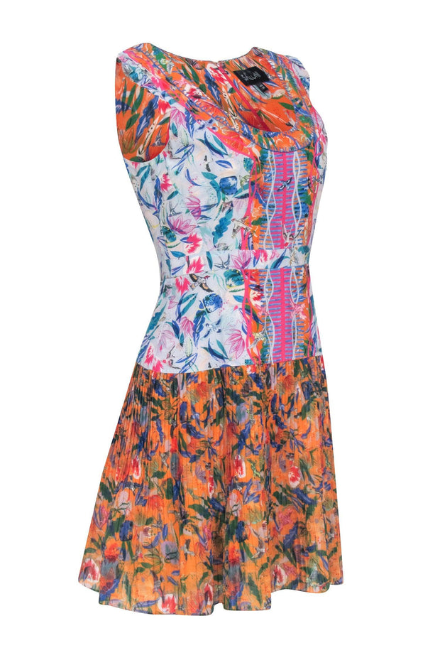 Current Boutique-Saloni - Orange w/ Multicolor Bird Print Pleated Dress Sz 6