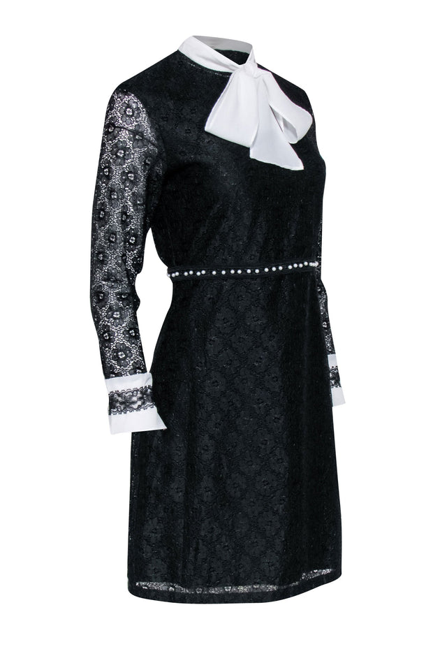 Current Boutique-Sandro - Black Floral Lace Dress w/ White Neck Tie & Cuffs Sz L