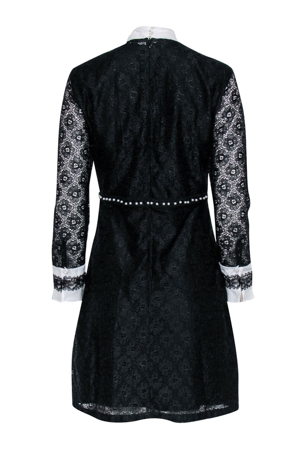 Current Boutique-Sandro - Black Floral Lace Dress w/ White Neck Tie & Cuffs Sz L