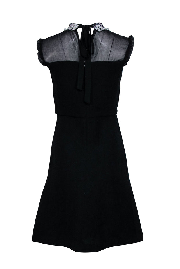 Current Boutique-Sandro - Black Ribbed Fit & Flare Dress w/ Embroidered Collar Sz 4