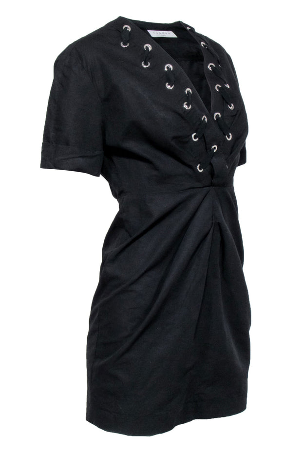 Current Boutique-Sandro - Black Short Sleeve Lace Up V-Neckline Dress Sz 4