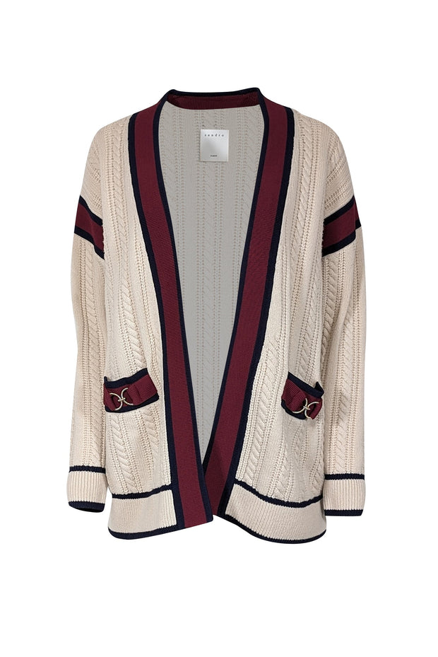 Current Boutique-Sandro - Light Beige Cable Knit Wool Cardigan w/ Contrast Ribbed Trim Sz S