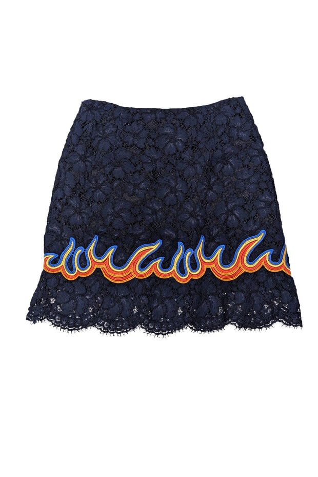 Current Boutique-Sandro - Navy Lace Skirt w/ Flame Embroidered Ruffled Hem Sz 4