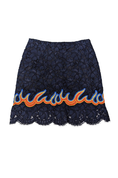 Current Boutique-Sandro - Navy Lace Skirt w/ Flame Embroidered Ruffled Hem Sz 4