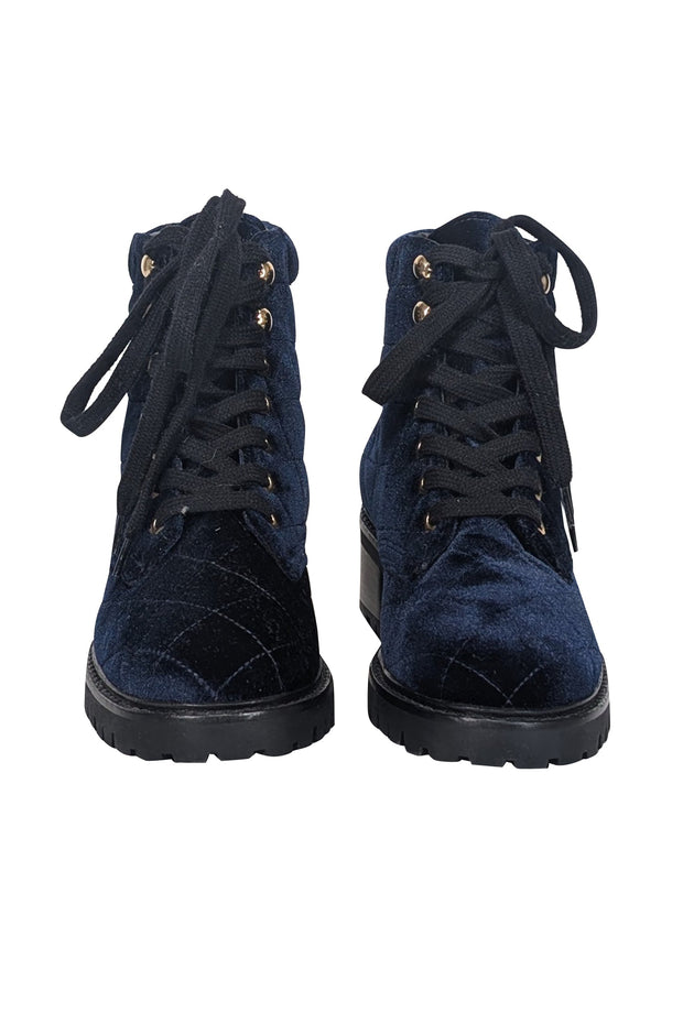 Current Boutique-Sandro - Navy Quilted Velvet Combat Short Boots Sz 9