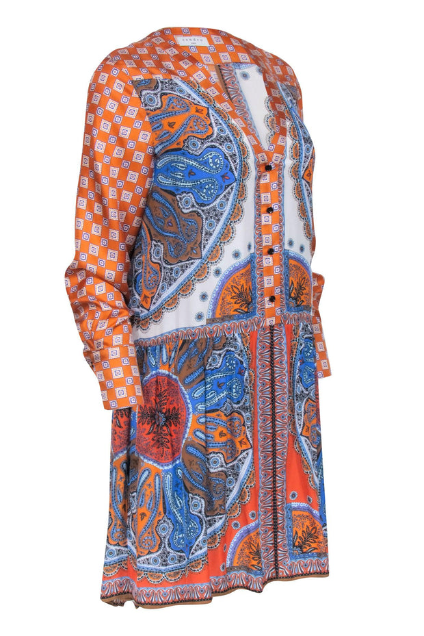 Current Boutique-Sandro - Orange & Blue Mosaic Print Long Sleeve Dress Sz 4