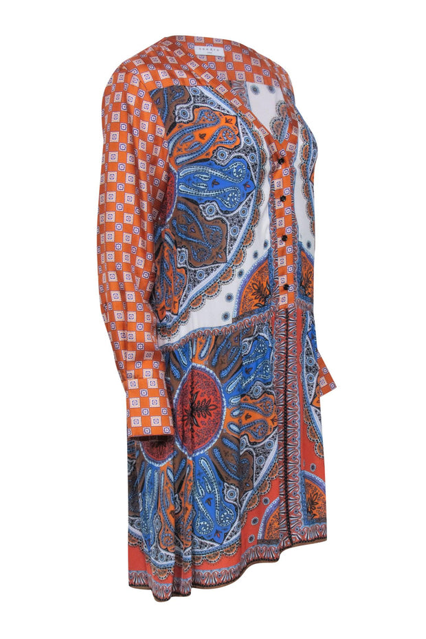 Current Boutique-Sandro - Orange & Blue Mosaic Print Long Sleeve Dress Sz 8