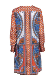 Current Boutique-Sandro - Orange & Blue Mosaic Print Long Sleeve Dress Sz 8