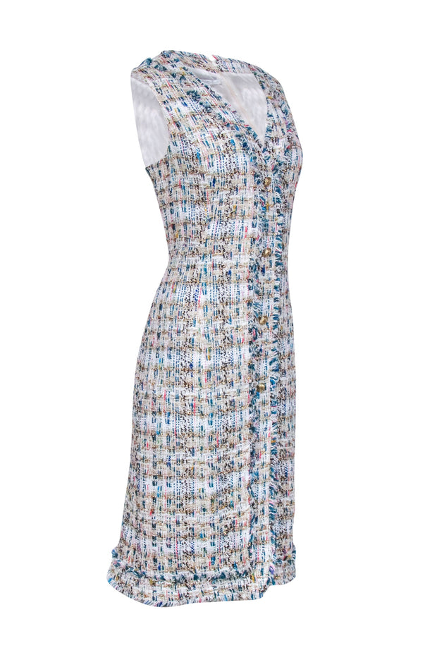 Current Boutique-Santorelli - White, Teal, & Metallic Gold Tweed Midi Dress Sz 14