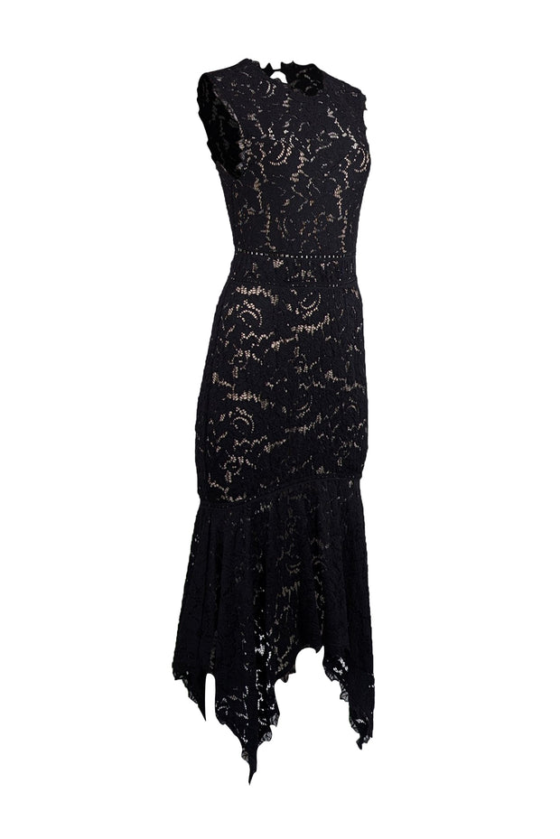 Current Boutique-Saylor - Black Lace Asymmetrical Hem Midi Dress Sz M