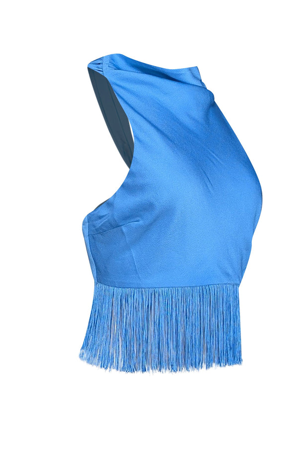 Current Boutique-Saylor - Blue Satin High Neck Sleeveless Top w/ Fringe Trim Sz M