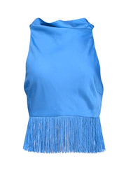 Current Boutique-Saylor - Blue Satin High Neck Sleeveless Top w/ Fringe Trim Sz M