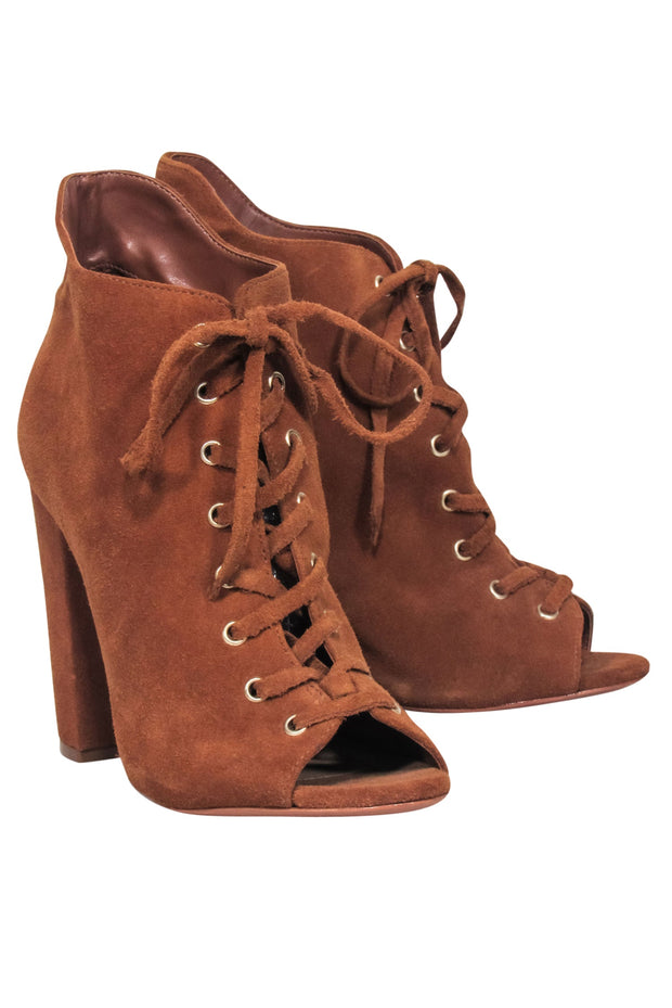 Current Boutique-Schutz - Tan Suede Lace Up Peep Toe Booties Sz 8