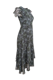 Current Boutique-Scotch & Soda - Dark Green, Teal, & Black Feather Print Sleeveless Midi Dress Sz 4