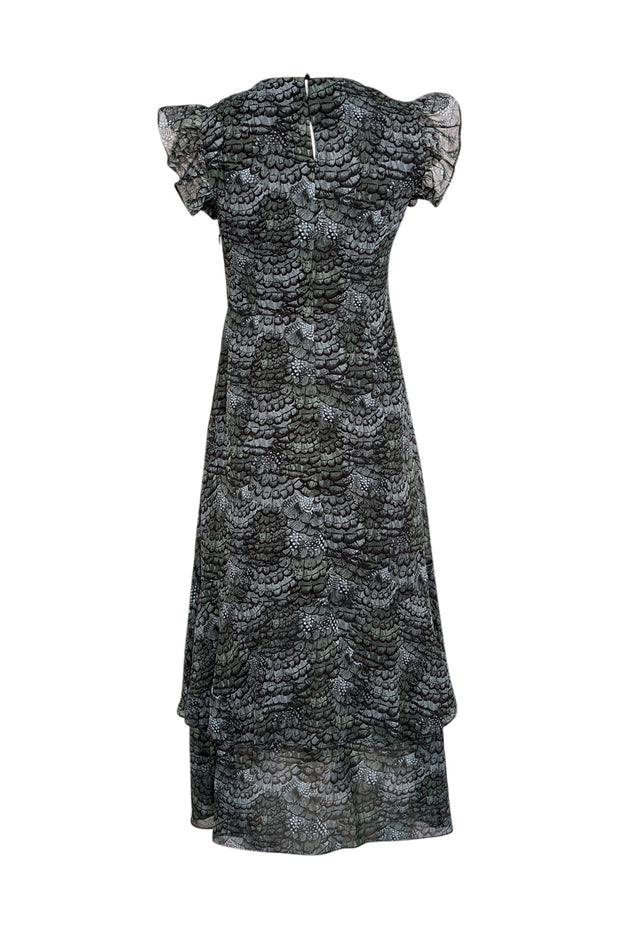 Current Boutique-Scotch & Soda - Dark Green, Teal, & Black Feather Print Sleeveless Midi Dress Sz 4