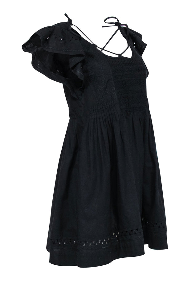 Current Boutique-Sea NY - Black Embroidered Flutter Sleeve Mini Dress Sz XS