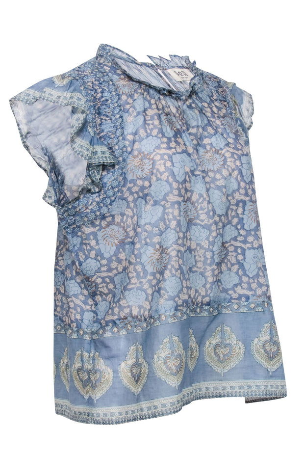 Current Boutique-Sea NY - Blue & Light Beige Paisley Print Ruffled Top Sz M