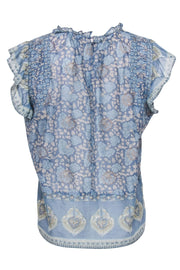 Current Boutique-Sea NY - Blue & Light Beige Paisley Print Ruffled Top Sz M