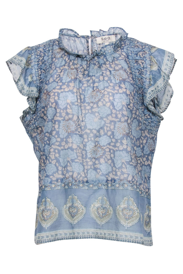 Current Boutique-Sea NY - Blue & Light Beige Paisley Print Ruffled Top Sz M