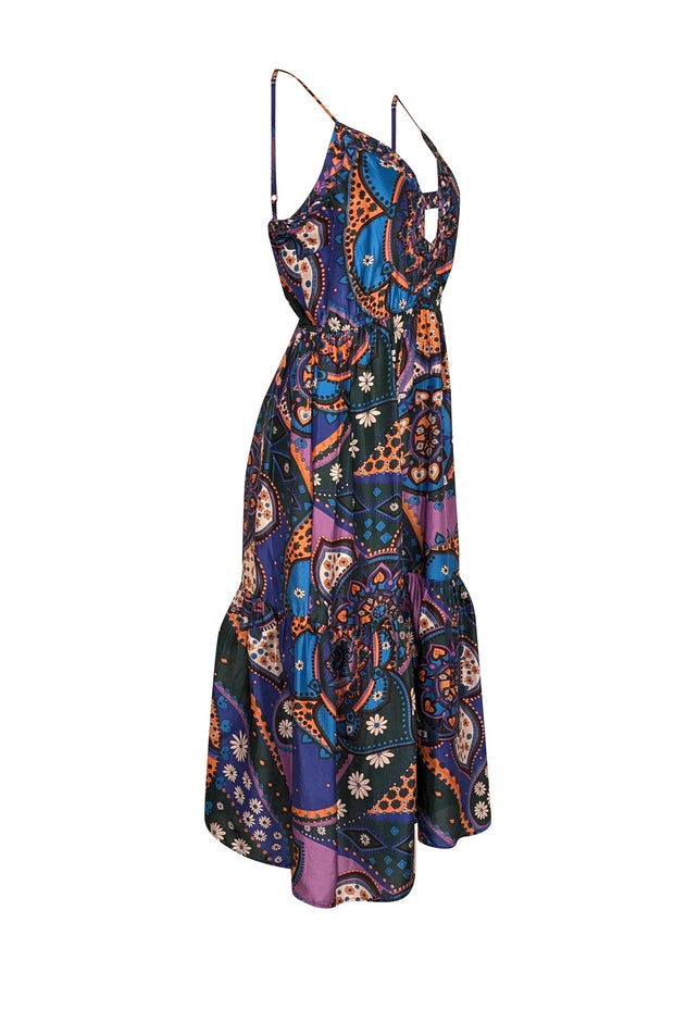 Current Boutique-Sea NY - Blue, Purple, & Orange Paisley Print Satin Midi Dress Sz S