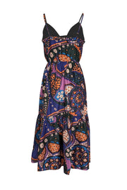 Current Boutique-Sea NY - Blue, Purple, & Orange Paisley Print Satin Midi Dress Sz S