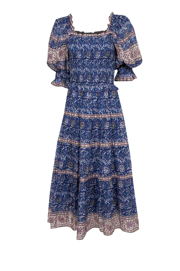 Current Boutique-Sea NY - Blue w/ Multicolor Paisley Print Smocked Midi Dress Sz XS