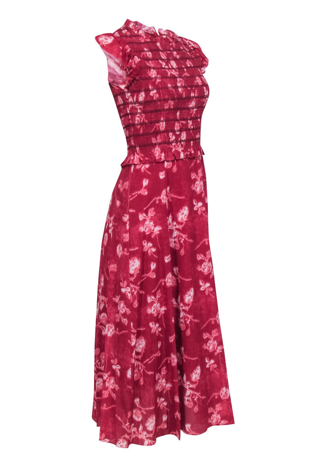 Current Boutique-Sea NY - Brick Red Floral Print " Monet Smocked Midi" Dress Sz 4