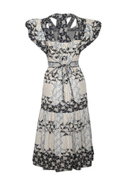 Current Boutique-Sea NY - Ivory, Black, & Blue Floral Patchwork Midi Dress Sz XS