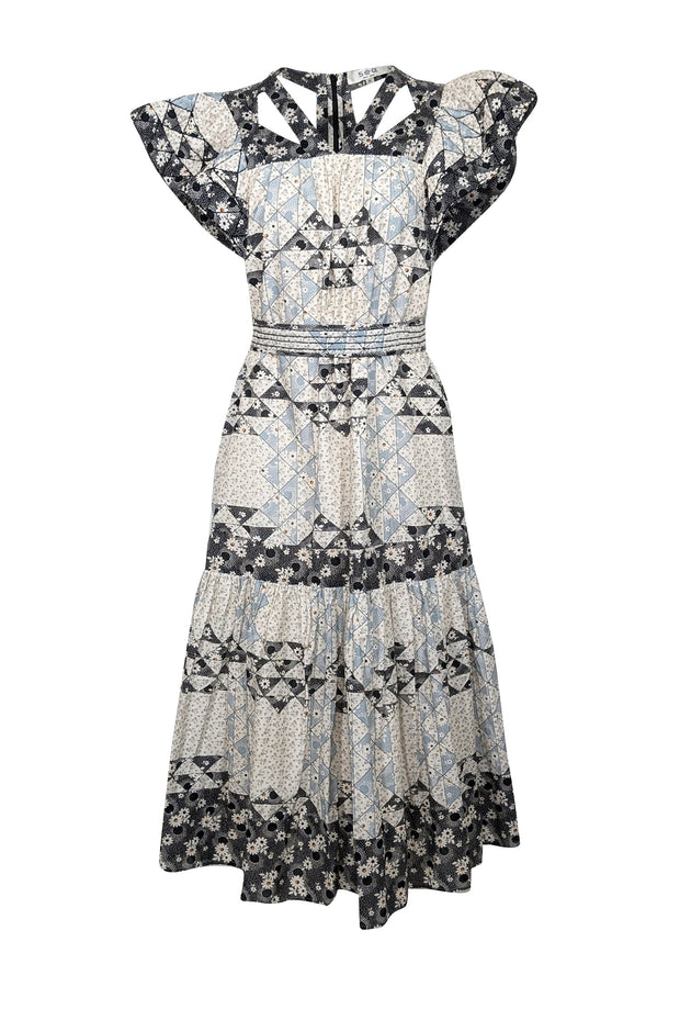 Current Boutique-Sea NY - Ivory, Black, & Blue Floral Patchwork Midi Dress Sz XS