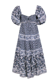 Current Boutique-Sea NY - Navy & White Print Maxi Puff Sleeve Dress Sz M