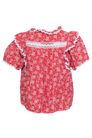 Current Boutique-Sea NY - Red & Ivory Floral Ruffle Top Sz S