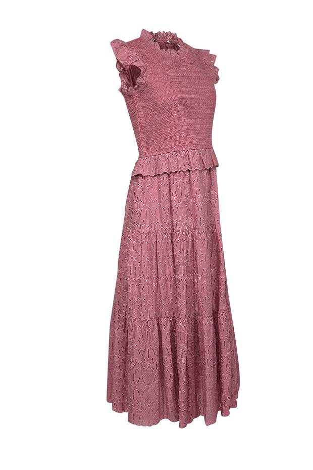 Current Boutique-Sea NY - Rose Pink Smocked Bodice Eyelet Lace Midi Dress Sz 6