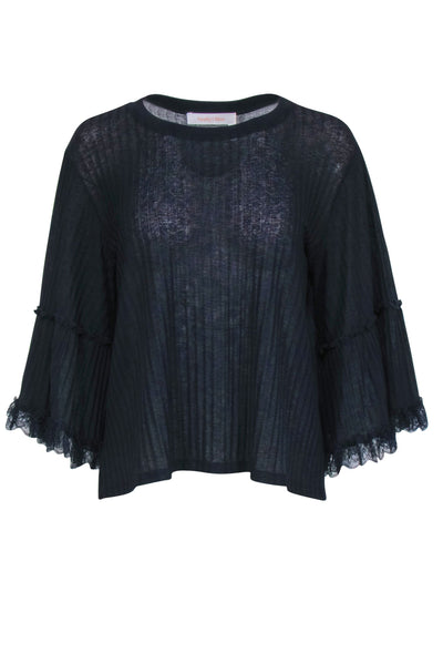 Current Boutique-See By Chloe - Navy Line Textured Lace Trimmed Long Sleeve Shirt Sz M