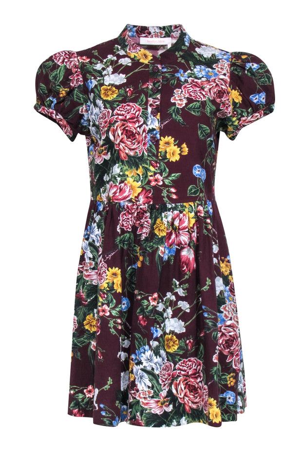 Current Boutique-See by Chloe - Maroon Multicolor Floral Print Short Puff Sleeve Dress Sz 6