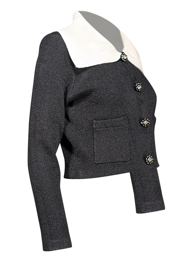 Current Boutique-Self-Portrait - Black Cropped Cardigan w/ Cream Collar and Decorative Buttons Sz L