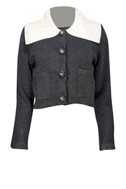 Current Boutique-Self-Portrait - Black Cropped Cardigan w/ Cream Collar and Decorative Buttons Sz L