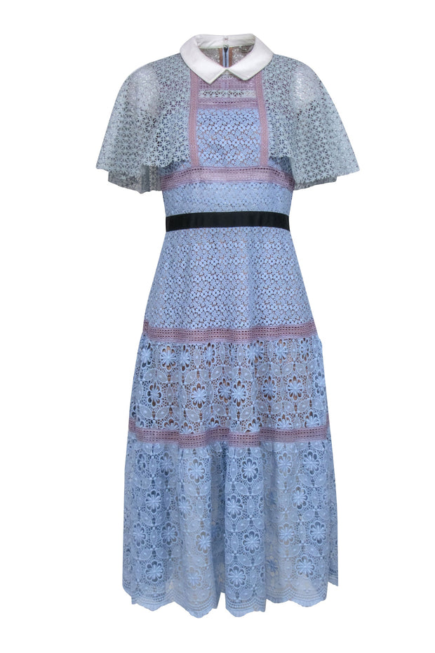 Current Boutique-Self-Portrait - Blue, Lavender, & Cream Lace "Guipure Cape Midi Dress" Sz 8