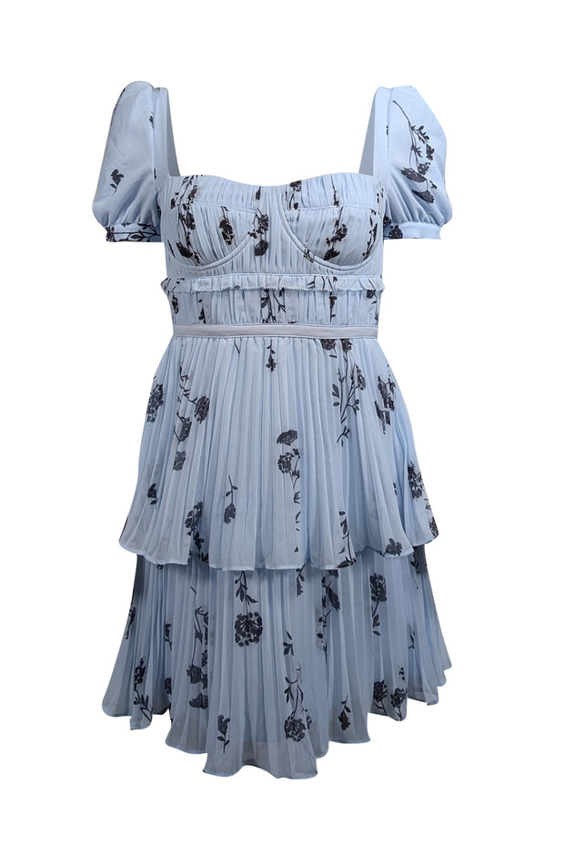 Current Boutique-Self-Portrait - Light Blue Floral Print Pleated Chiffon Mini Dress Sz 2