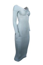 Current Boutique-Self-Portrait - Light Blue Ribbed Knit Cross Front Off-the-Shoulder Dress Sz M