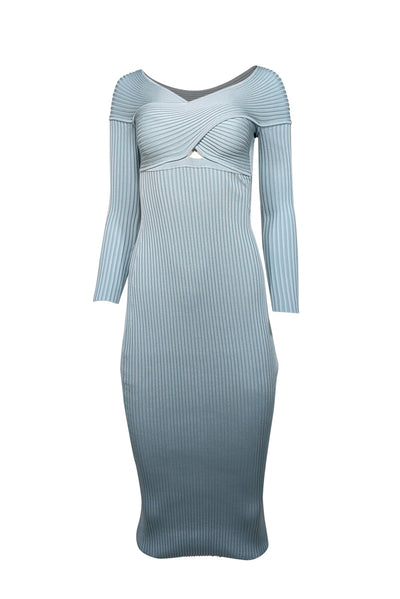 Current Boutique-Self-Portrait - Light Blue Ribbed Knit Cross Front Off-the-Shoulder Dress Sz M