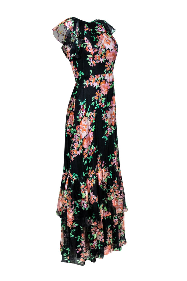 Current Boutique-Shoshanna - Black & Multi Color Floral Ruffled Cap Sleeve Formal Dress Sz 2