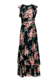 Current Boutique-Shoshanna - Black & Multi Color Floral Ruffled Cap Sleeve Formal Dress Sz 2