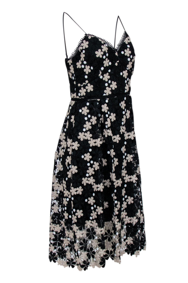 Current Boutique-Shoshanna - Black w/ Beige & White Floral Lace Midi Dress Sz 4