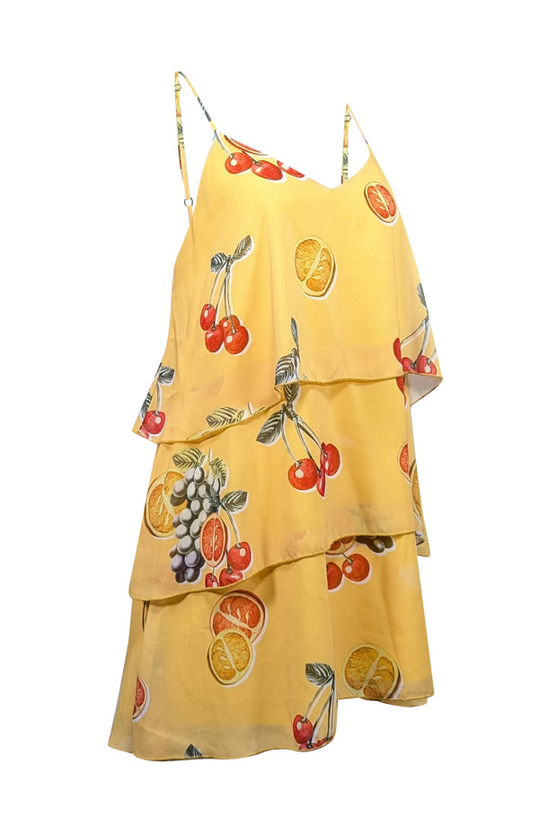 Current Boutique-Show Me Your Mumu - Yellow Fruit Print Tiered Mini Dress Sz L